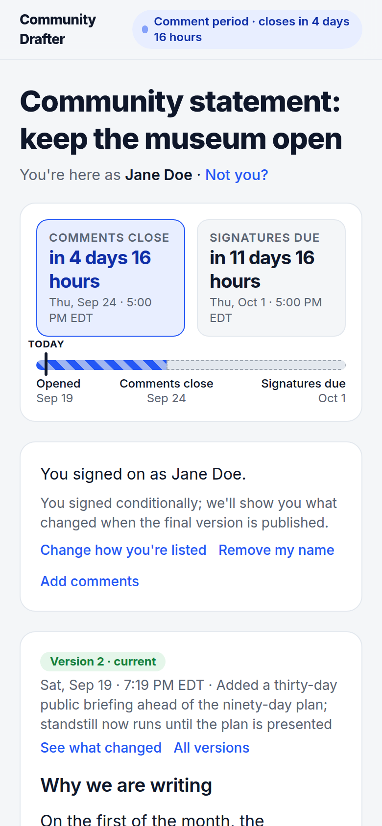 The same page for Jane Doe after signing: 'You signed on as Jane Doe. You signed conditionally; we'll show you what changed when the final version is published', with 'Change how you're listed', 'Remove my name' and 'Add comments' actions.